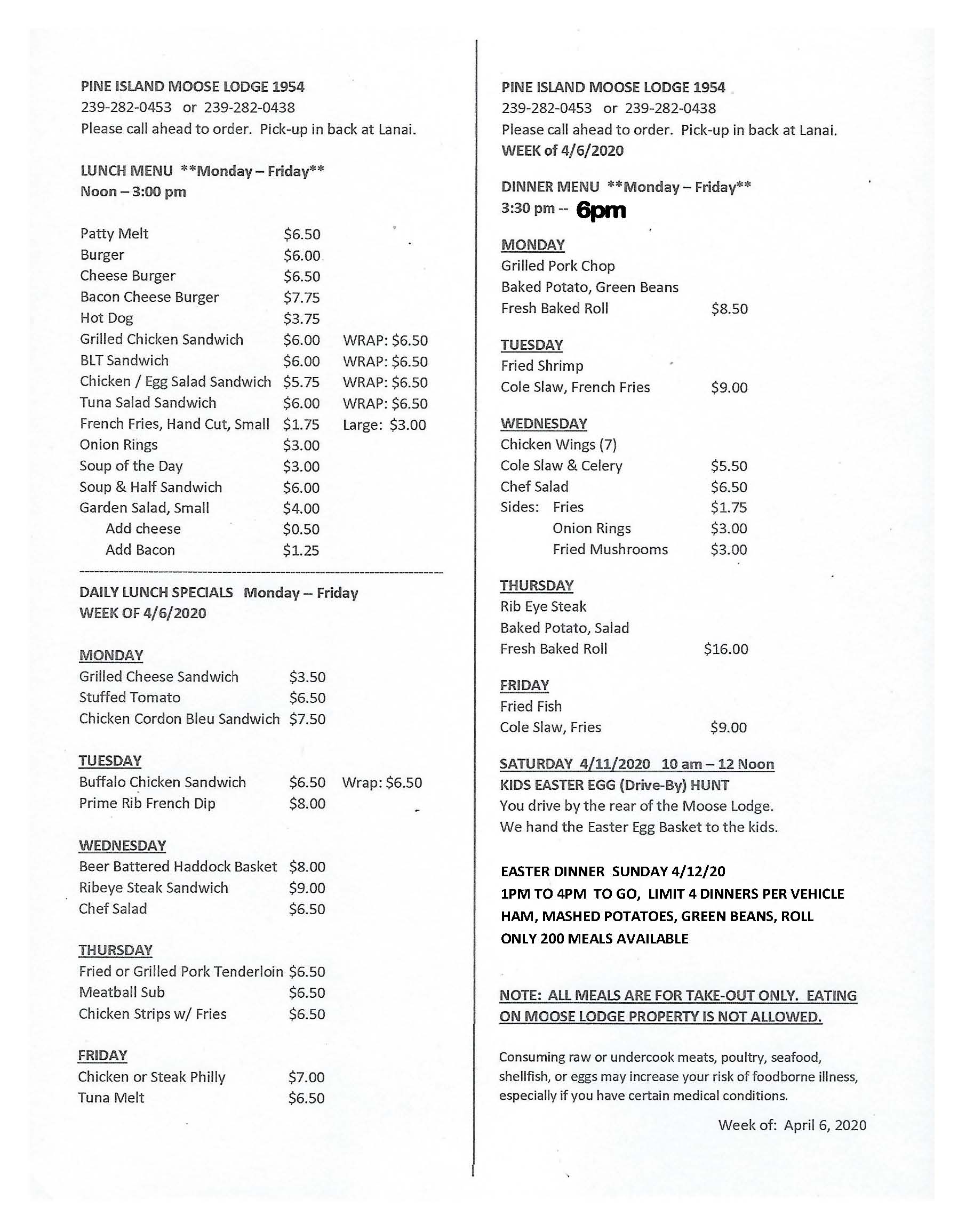 Pine Island Moose Menu